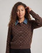 Women Polka Dot Cardigan with Denim Collar and Button Placket Fashion Glam