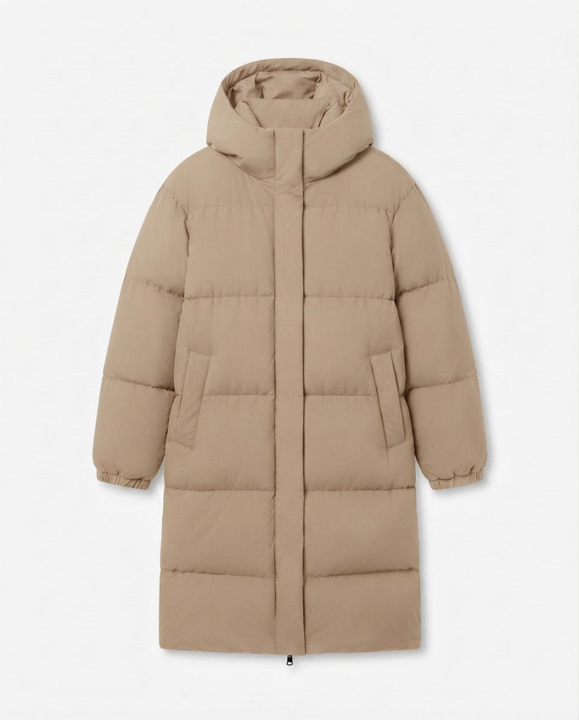 Women's nan ultra-watt-coated longline puffer with ergonomic hood, concealed snap placket, and thermoregulating insulation