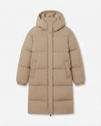 Women's nan ultra-watt-coated longline puffer with ergonomic hood, concealed snap placket, and thermoregulating insulation