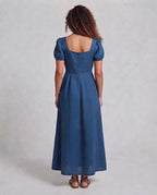 Women Elegant Maxi Dress with Puff Sleeves and Waistband Fashion Glam