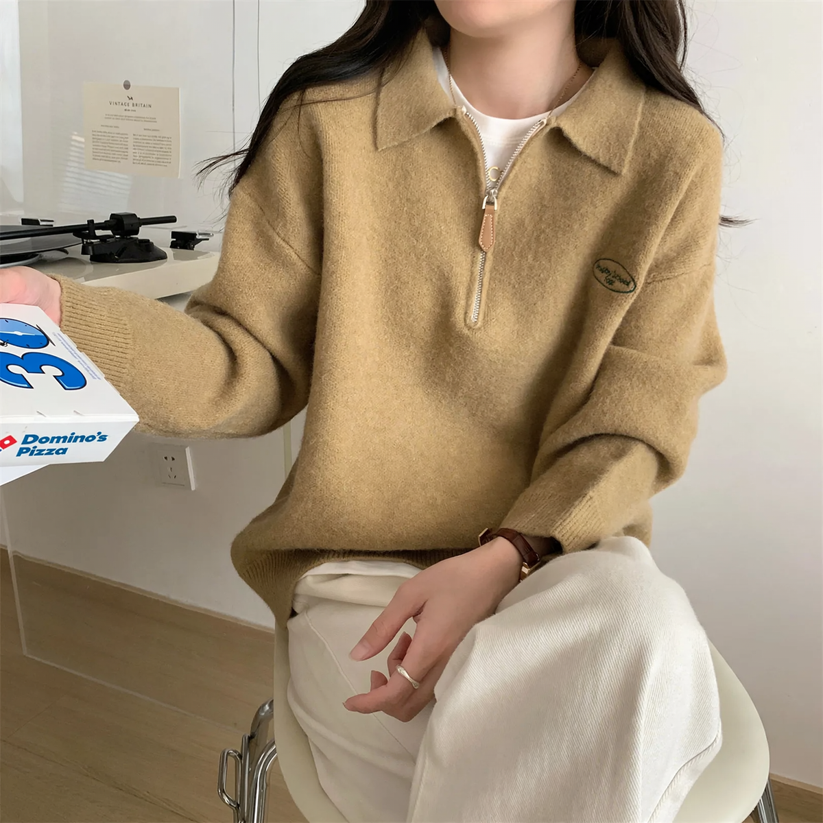 Polo knit sweater with zipper