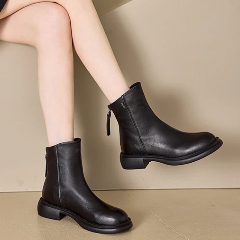 Women's Leather Ankle Boots with Back Zipper and Low Heel
