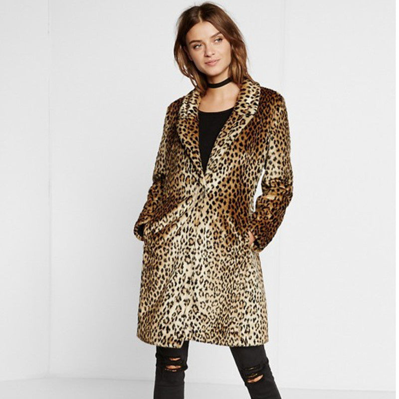 Women's Mid-length Faux-Fur Coat in Leopard Print with Notch Collar and Side Pockets Fashion Glam
