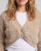 Ladies short cardigan made of fluffy faux fur knit with deep V-neck and decorative button Fashion Glam