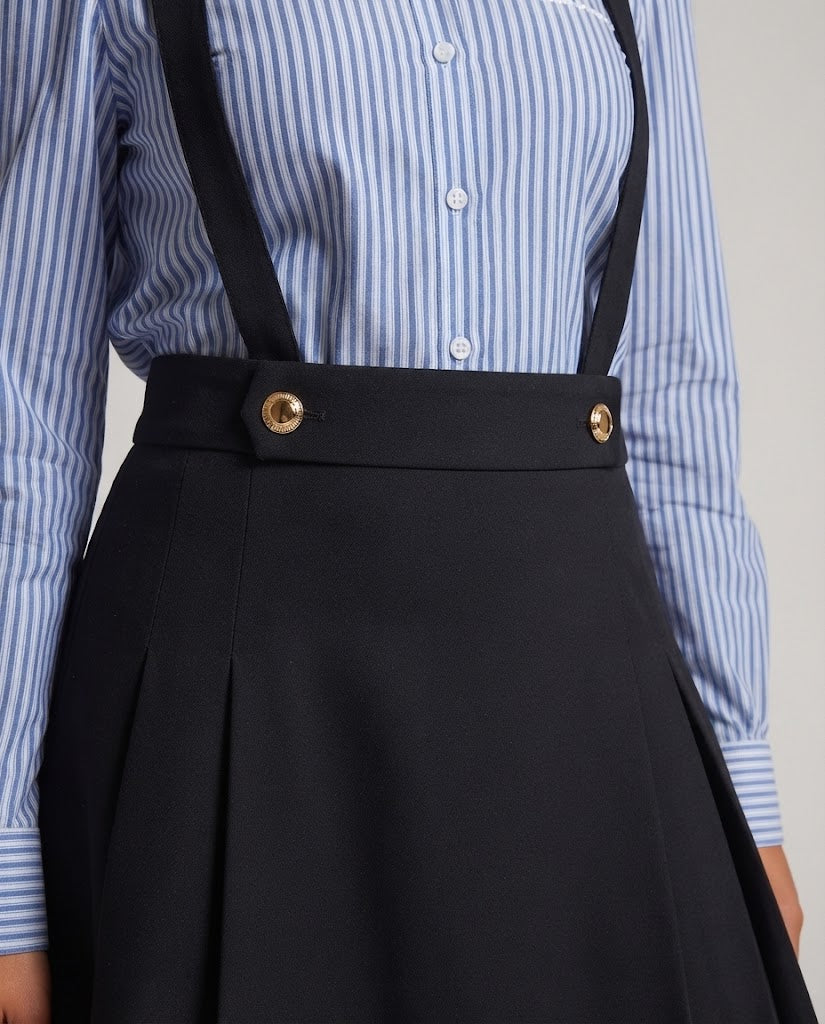 Women's High-Waisted A-Line Strap Skirt with Gold Button Details and Removable Straps Fashion Glam