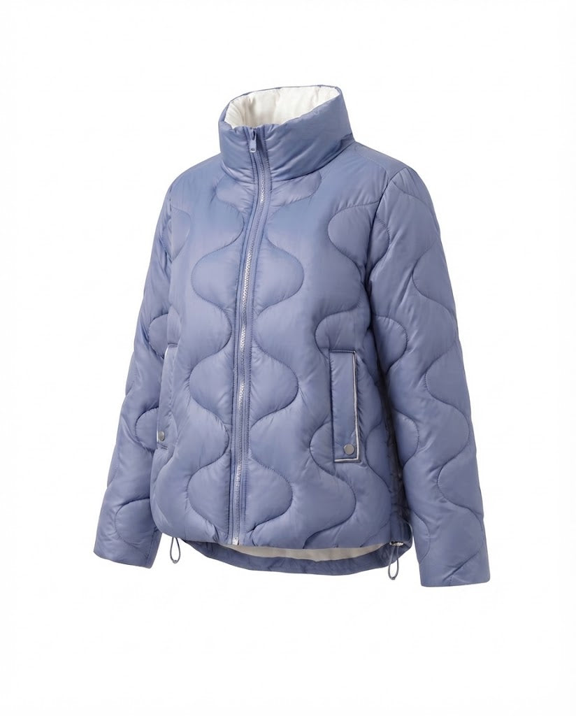 Women's Nano Short Padded Wave Quilt Puffer with Ergonomic Stand-Up Collar and Side Drawstring