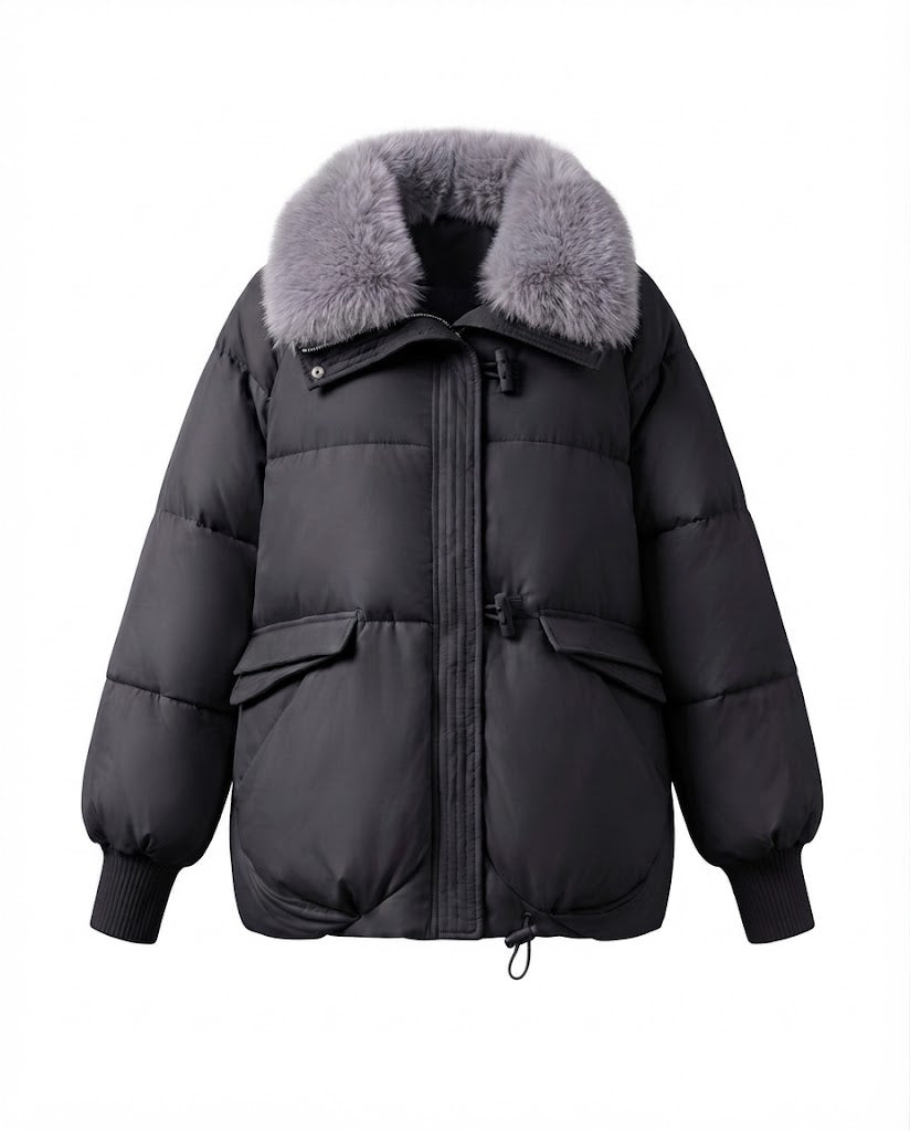 Women's modern oversized puffer with voluminous teddy collar, concealed two-way zipper and adjustable hem
