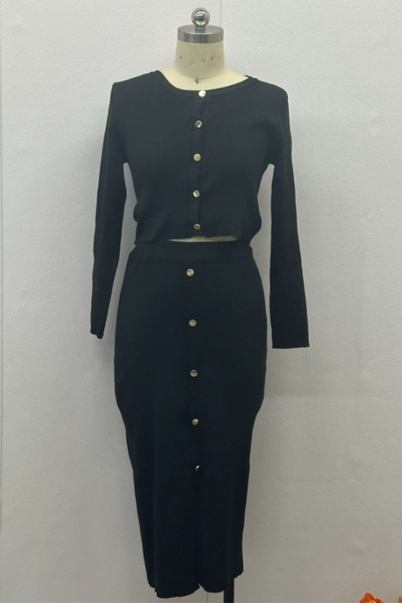 SEREN – DAILY ELEGANT BUCKLE O-NECK LONG SLEEVE TWO-PIECE SET