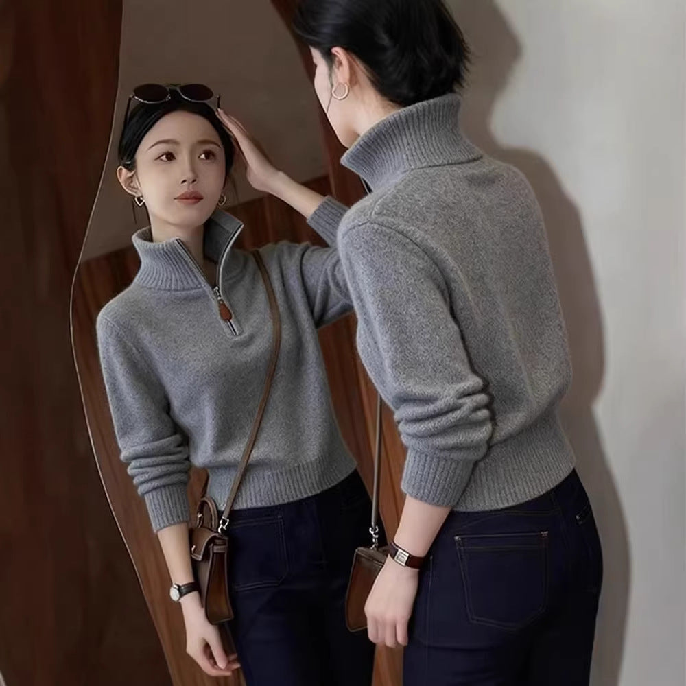 Elegant women's knit sweater with half zipper