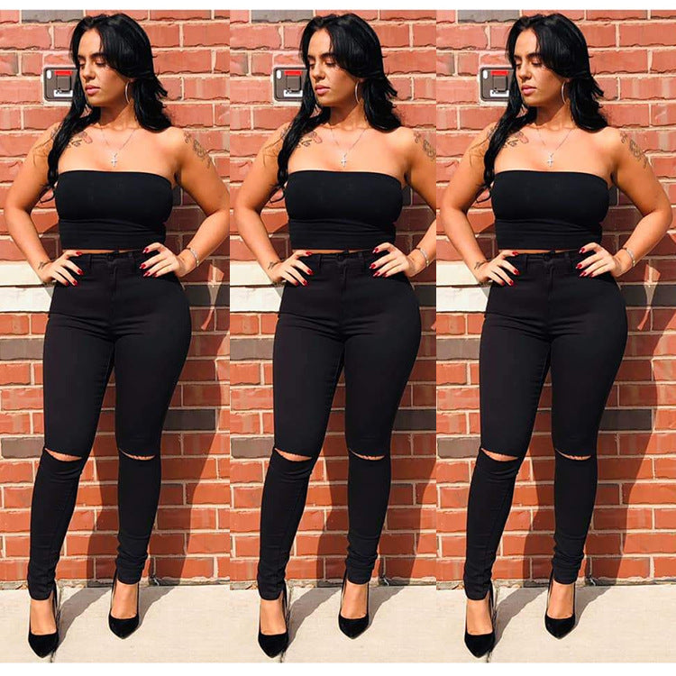 Ladies waist-emphasizing sculpting skinny jeans with knee cut and comfort waistband Fashion Glam