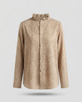 Women Elegant structured long sleeve blouse with ruffled stand-up collar and pearl button placket Fashion Glam