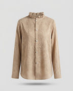 Women Elegant structured long sleeve blouse with ruffled stand-up collar and pearl button placket Fashion Glam