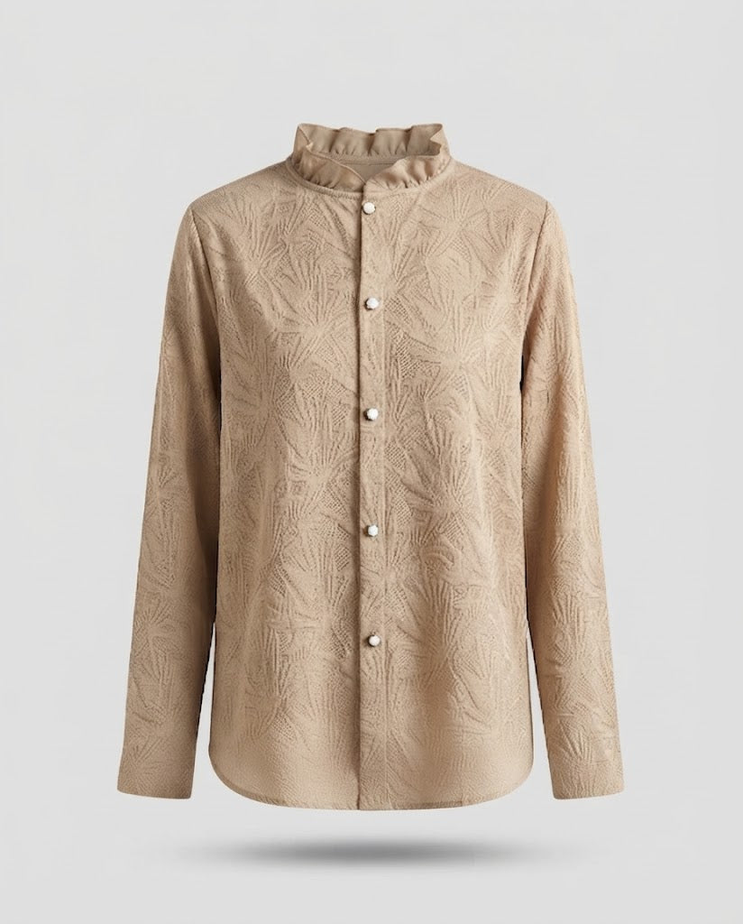 Women Elegant structured long sleeve blouse with ruffled stand-up collar and pearl button placket Fashion Glam