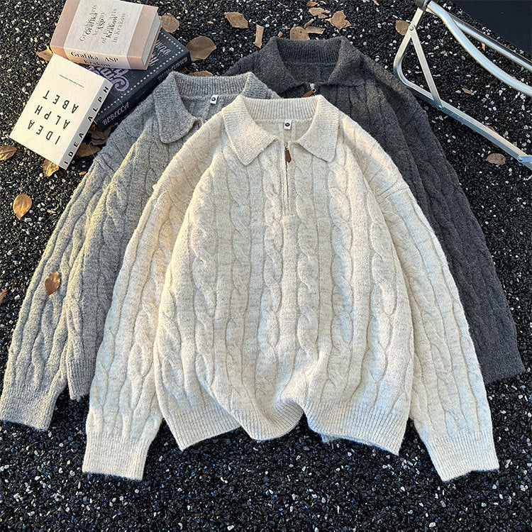 Men's knitted sweater with zipper and cable pattern