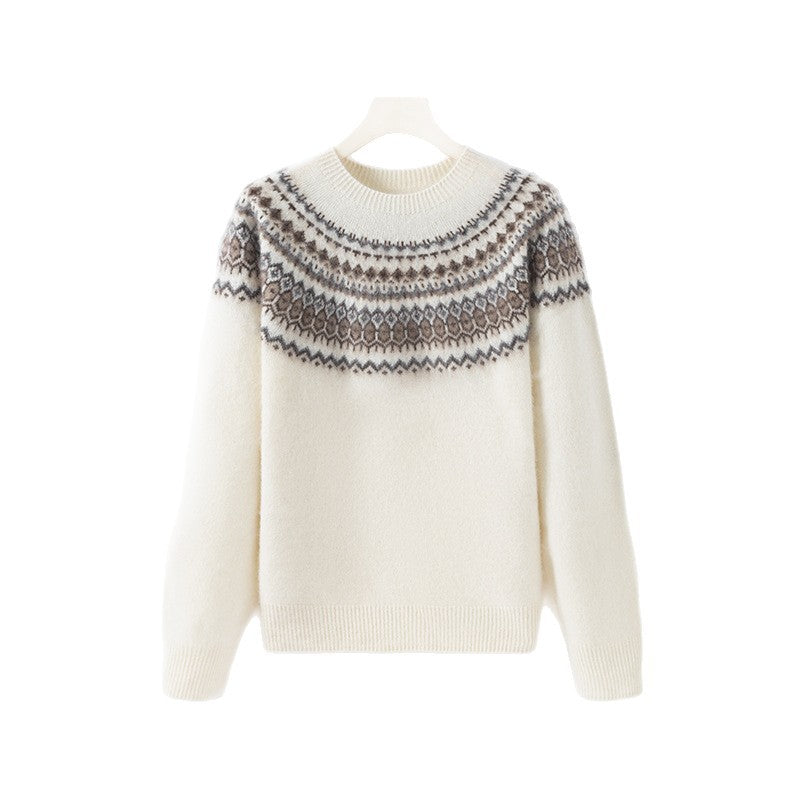 Women's wool sweater with zipper and jacquard pattern