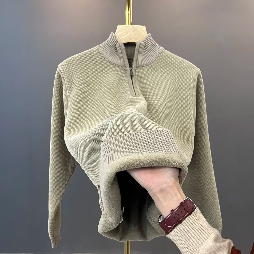 Warmer knit pullover with zipper and lining