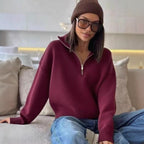 Women's knit sweater with stand-up collar and zipper