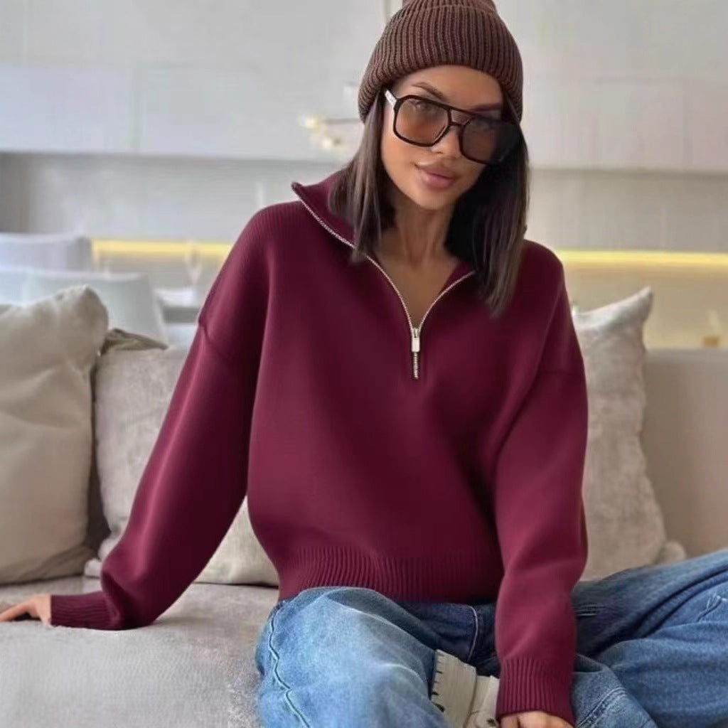 Women's knit sweater with stand-up collar and zipper