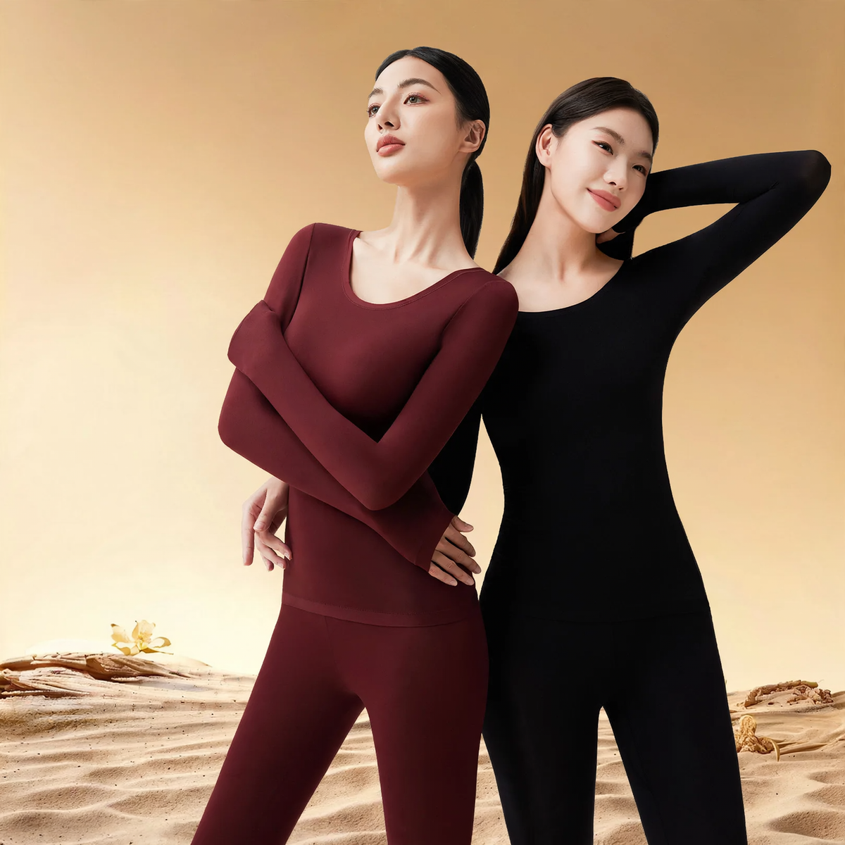 Elastic thermal underwear set with round neck
