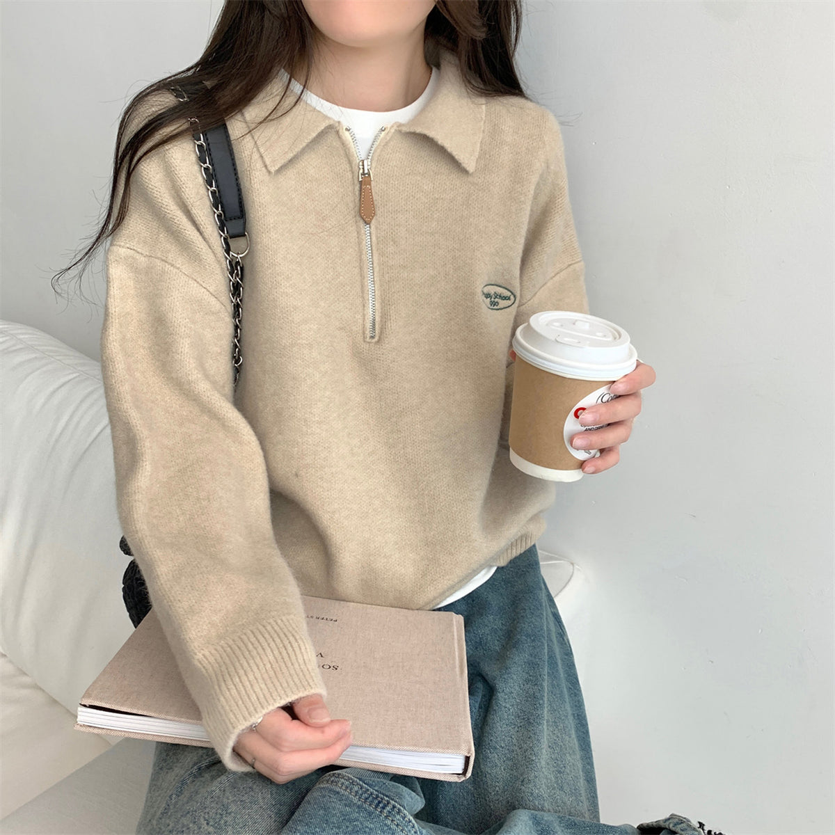 Polo knit sweater with zipper