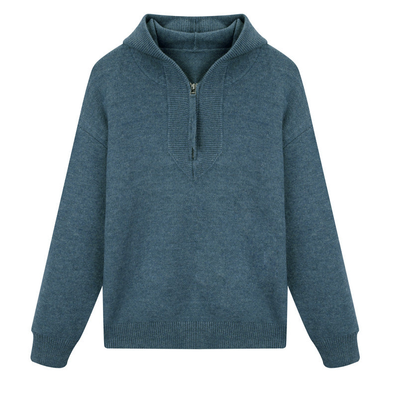 Modern men's knit sweater with hood and zipper