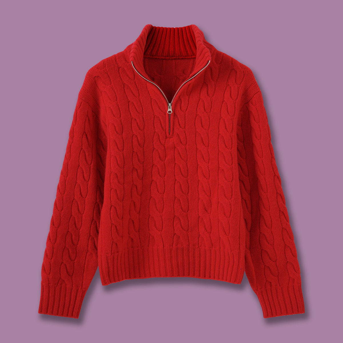 Cable knit sweater with zipper and embroidery