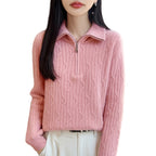 Women's wool pullover with zipper and cable pattern
