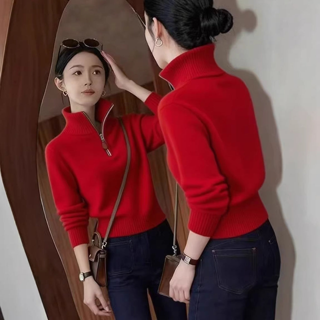 Elegant women's knit sweater with half zipper