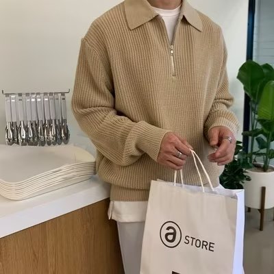 Men's knit sweater with polo collar and zipper