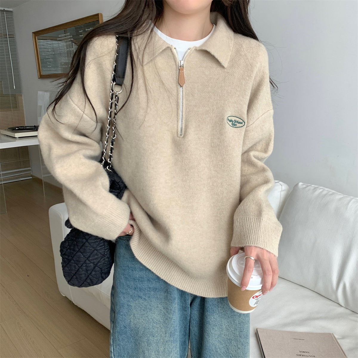 Polo knit sweater with zipper