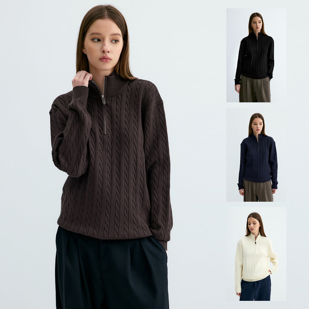 Classic knitted sweater with cable pattern and zipper