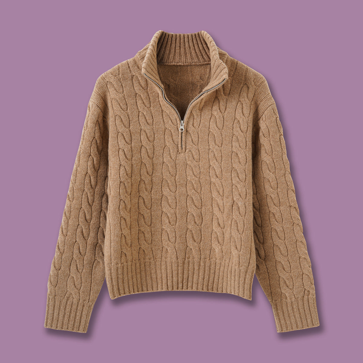Cable knit sweater with zipper and embroidery