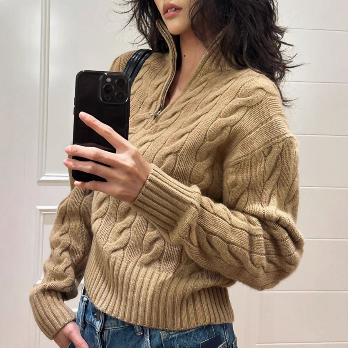 Cable knit sweater with zipper and embroidery