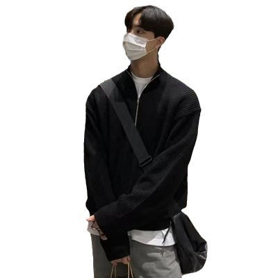 Men's knitted pullover with stand-up collar and half zip