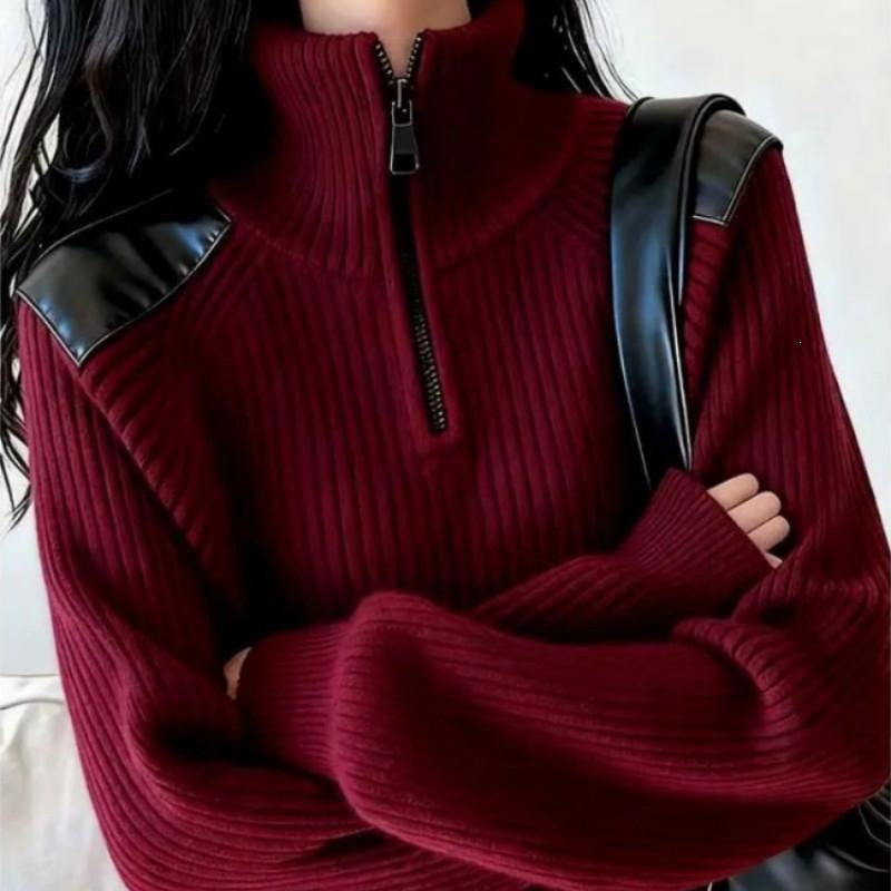 Women's knitted sweater with zipper and stand-up collar