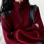 Women's knitted sweater with zipper and stand-up collar