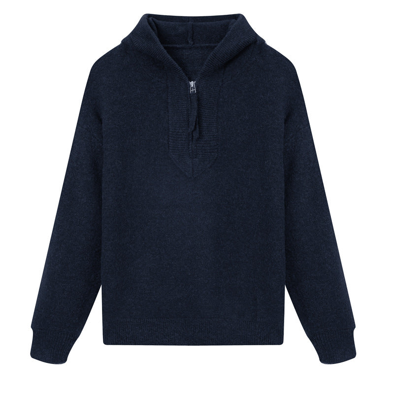 Modern men's knit sweater with hood and zipper