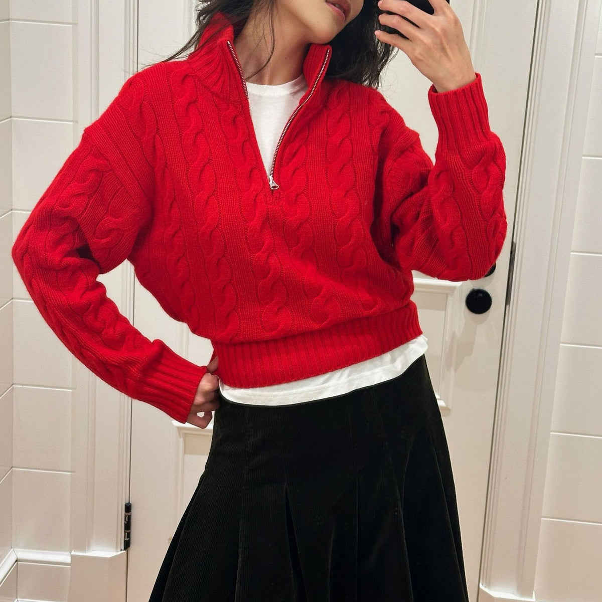 Cable knit sweater with zipper and embroidery