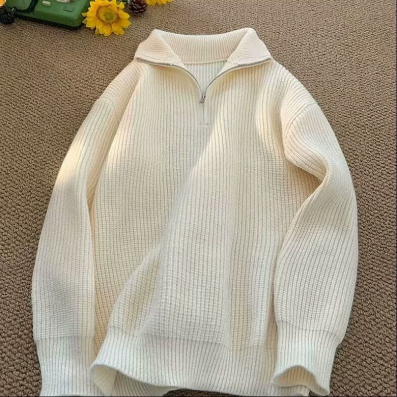 Men's knit pullover with zipper and ribbed structure