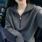 Loose knit sweater with zipper and lapel collar