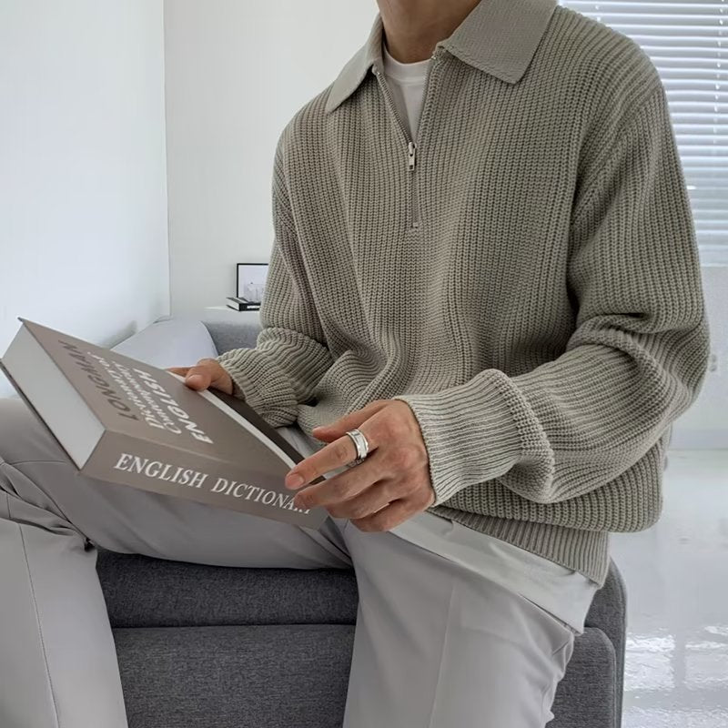 Men's knit sweater with polo collar and zipper