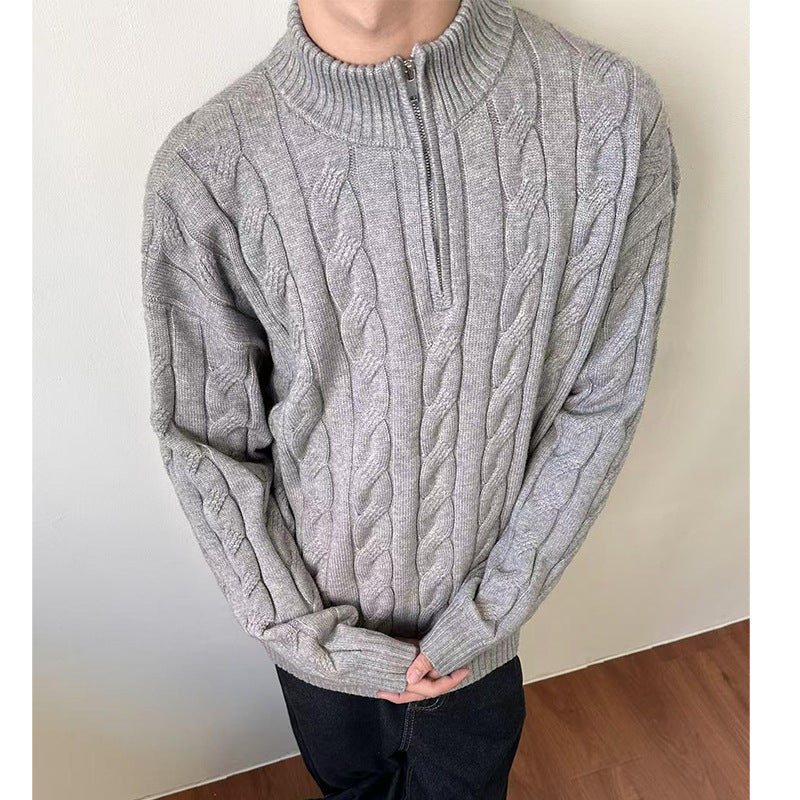 Men's knit sweater with cable pattern and zipper