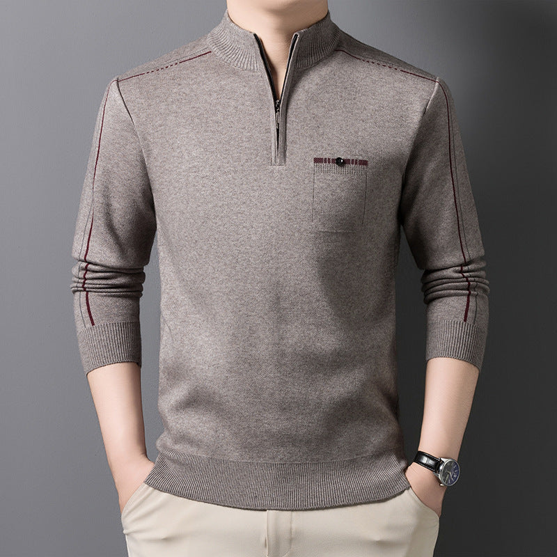 Men's knit sweater with stand-up collar and zipper