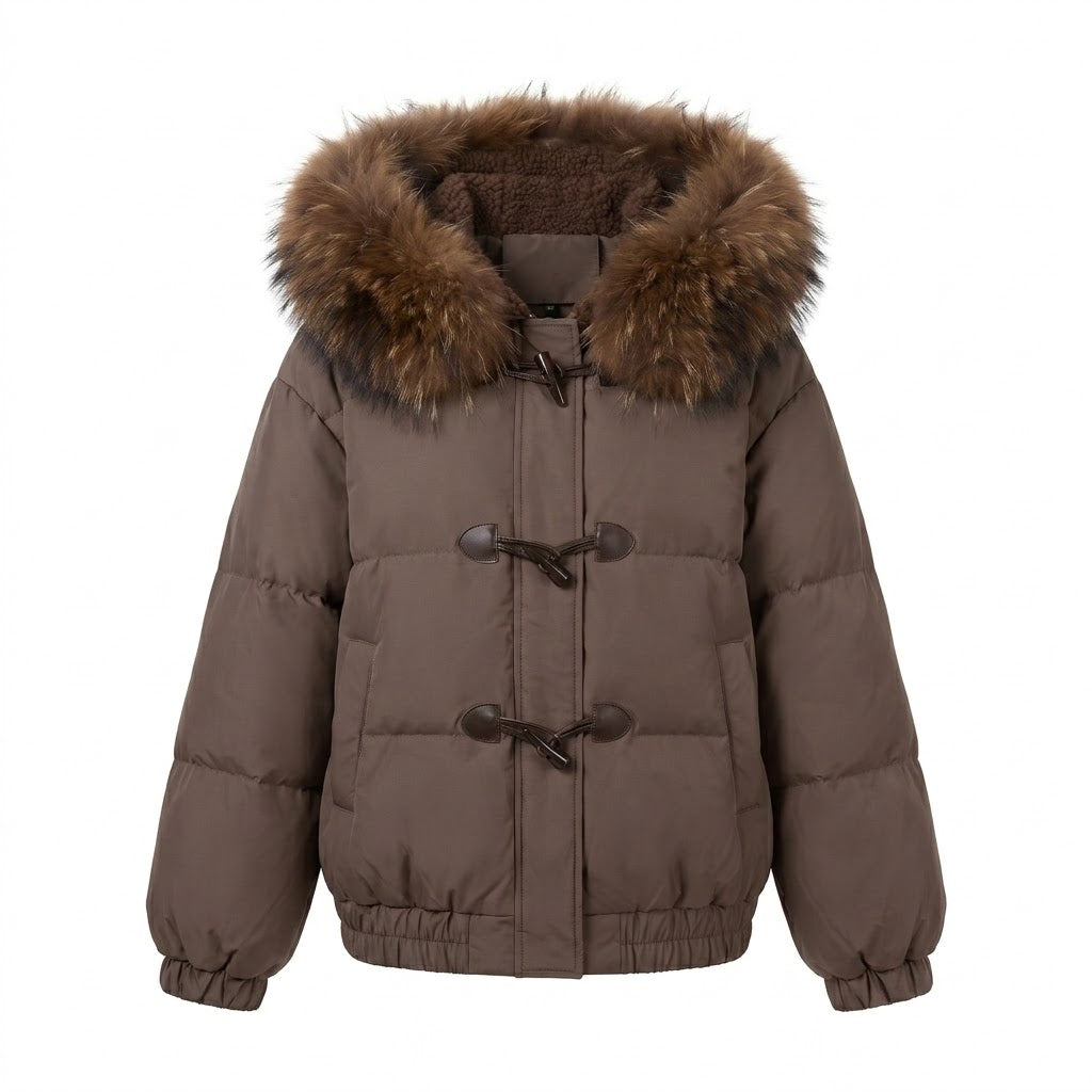 Women's nano short thermo bomber with detachable faux fur collar and teddy hood lining