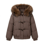 Women's nano short thermo bomber with detachable faux fur collar and teddy hood lining