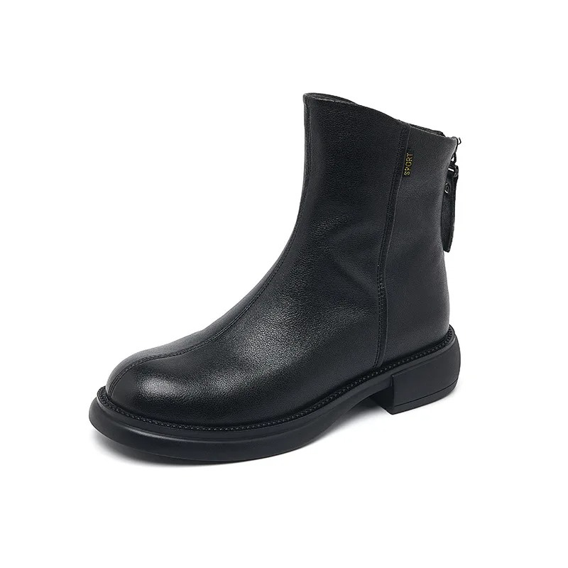 Women's Leather Ankle Boots with Back Zipper and Low Heel