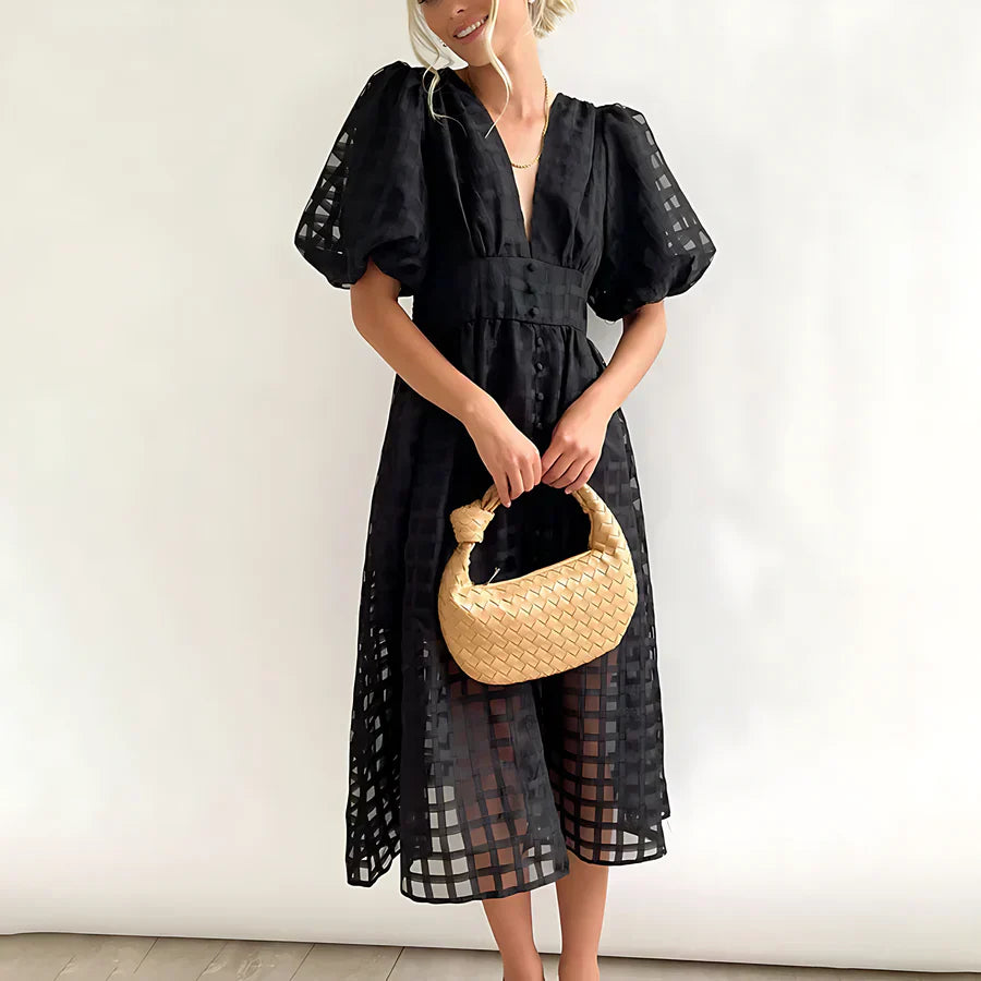 Caelis - Classic Patterned Puff Sleeve Midi Dress