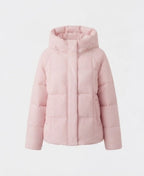 Women's short quilted hooded parka with light thermal filling, square quilting and adjustable drawstring hem