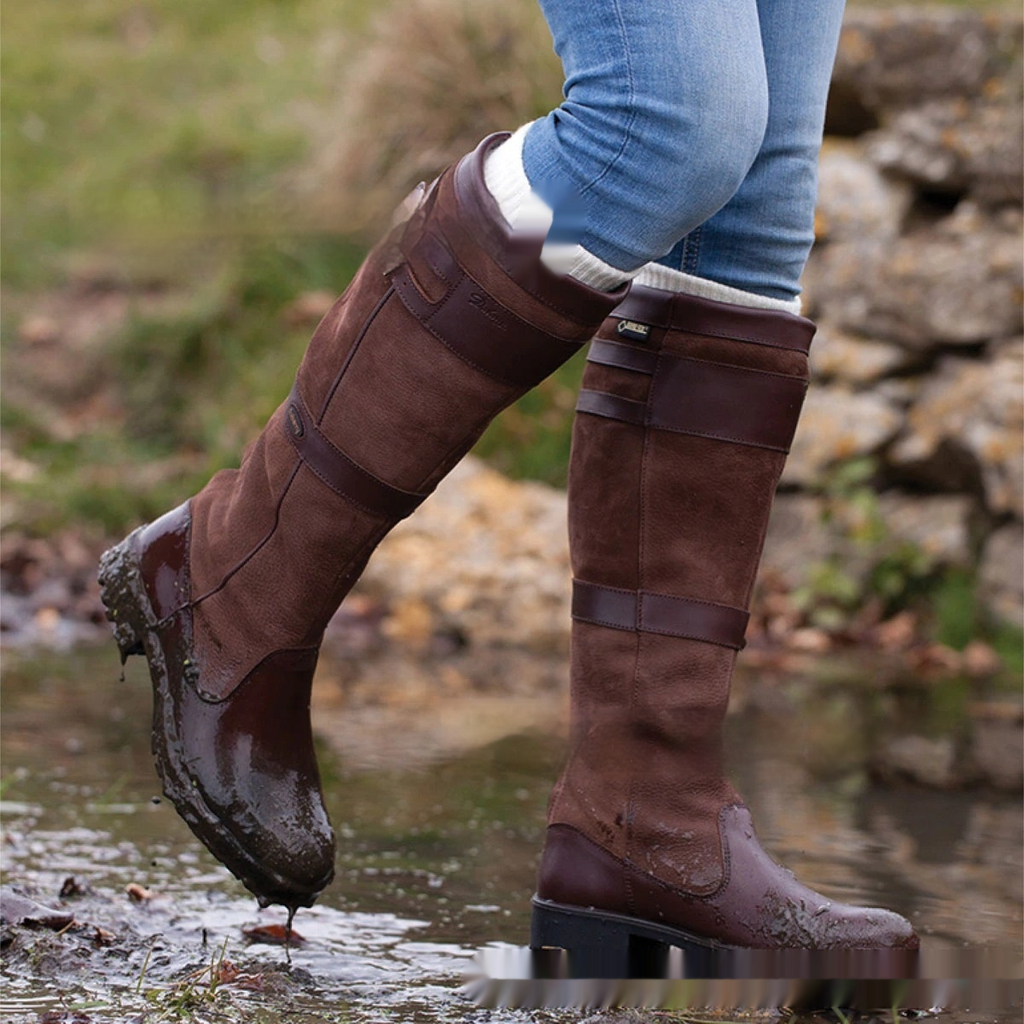 Fashion Glam | Outdoor boots with high shaft and buckles - leather rain boots for women