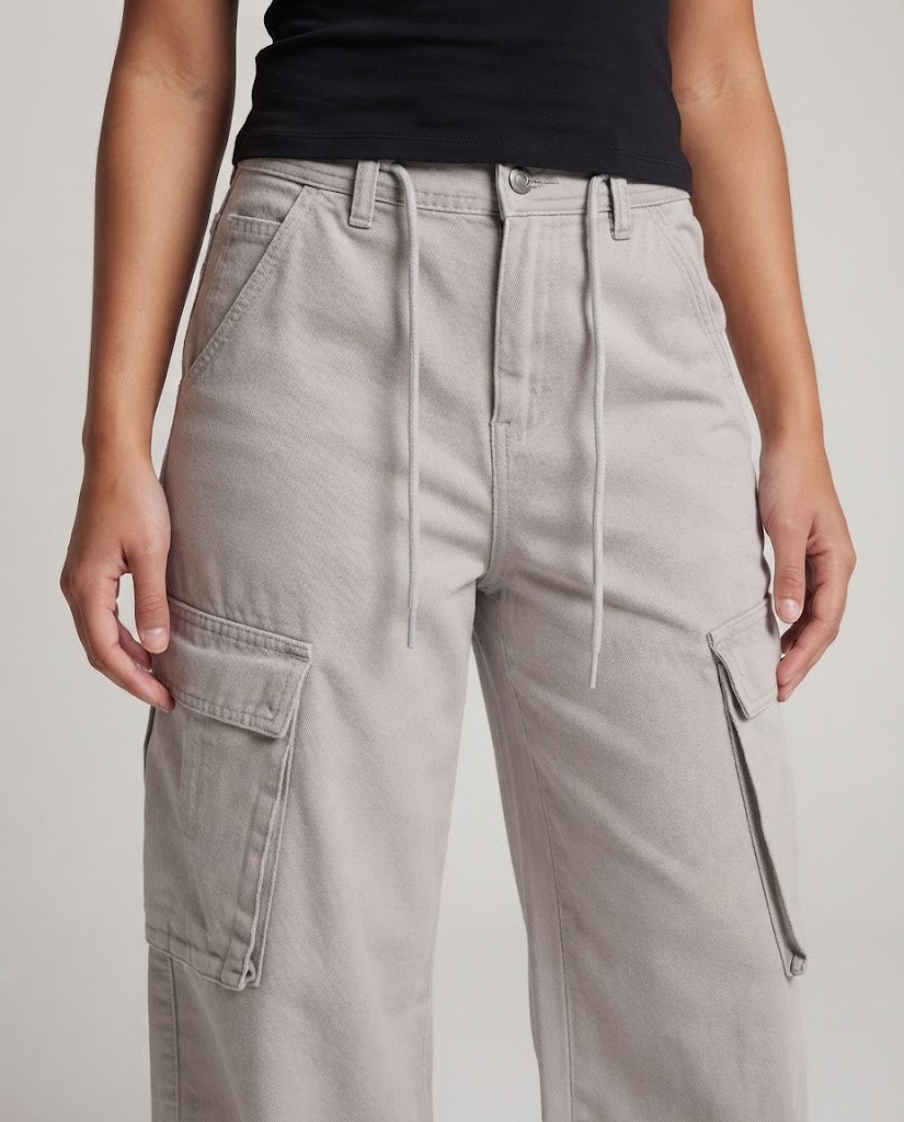 Ladies Wide Cargo Palazzo Pants made of Soft Denim with Drawstring Waist and Oversized Flap Pockets Fashion Glam